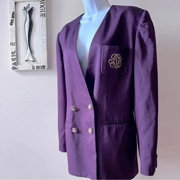Vintage 80s Gilmor Herringbone Collarless Purple Blazer Size 14 - Picture 2 of 9